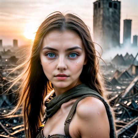 An 18 year old elven woman postapocalyptic outfit, (epic post apocalyptic destroyes city overgrown ruins), detailed background, red eyes, close-up, amazing fine detail, RAW photo, Nikon D850 film stock photograph Kodak Portra 400 camera f1.6 lens, rich colors, lifelike texture, dramatic lighting, unreal engine, trending on ArtStation, cinestill 800 tungsten, ((new dawn on horizon)), high quality photography, 3 point lighting, flash with softbox, 4k, Canon EOS R3, hdr, smooth, sharp focus, high resolution, award winning photo, 80mm, f2.8, bokeh