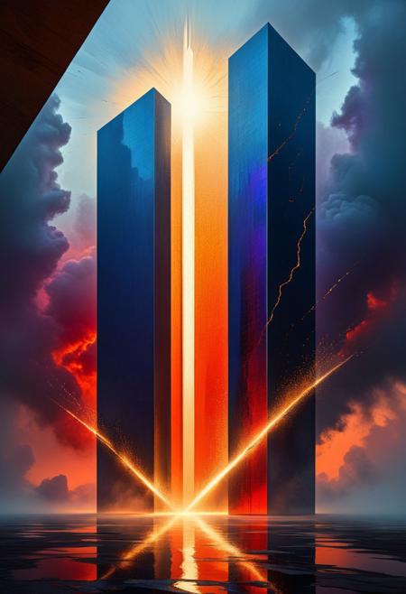 Abstract illustration, surreal fractured landscape, twilight sky with deep indigo to fiery orange gradient, towering geometric shapes resembling shattered glass and steel beams, inner light glowing within structures, dark polished surface reflecting light, ethereal swirling fog in muted purples and blues, vibrant golds and reds in the distance, bursts of light and shadow creating dynamic contrast, white beam of light piercing the sky symbolizing memory and hope, abstract expressionism and digital futurism hybrid, bold colors with intense reds, blacks, golds, and silver, light casting long stretched shadows, broad sweeping brushstroke textures enhanced with digital precision, mist swirling at the base of the scene, radiant sky evoking reflection and honor, powerful and dramatic atmosphere, emotional tribute to 9/11 without banality or figures.
