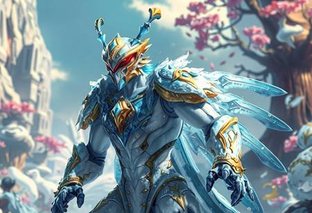"Explore the dynamic and intricate details of a Frost Monarch, Mobius, standing ready for action amidst a stunning Fallen Paradise backdrop. Adorned with vibrant blue and gold accents against a predominantly white body, the Monarch's red visor adds a striking contrast. The lifelike details and vivid emotions are enhanced with sharp lines, harmonious colors, and a captivating dynamic pose. This stunning matte painting boasts impeccable composition, a well-timed moment, and intentional focus. Found trending on ArtstationHQ, CGSociety, and Behance, this highly detailed 8K masterpiece is a testament to the artist's skill with Octane Render, Unreal Engine 5, and Raphael Style techniques."
