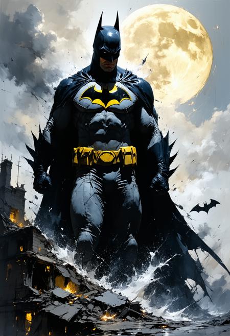 Batman in a monochrome storm, his cape a tidal wave of ink swallowing a crumbling Gotham penthouse (extreme low angle, horizon tilted). Sin City’s nihilist edge: the world is shredded newsprint and India ink, the glowing sulfur-yellow Bat-symbol. Frank Miller’s chiaroscuro hones his silhouette: block-jawed cowl, cape hooks sharp as blades. Rain like slashes of white, dissolving into the void below.