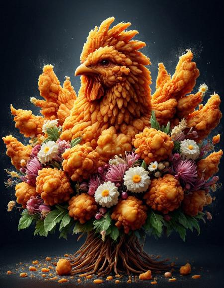 8k resolution, masterpiece, high quality, A fried chicken bouquet, the flowers are made of chicken nuggets, the leaves are made of crispy skin, DFC <lora:Deep-Fried__Crispy_Style_World_Morph_V2:1>