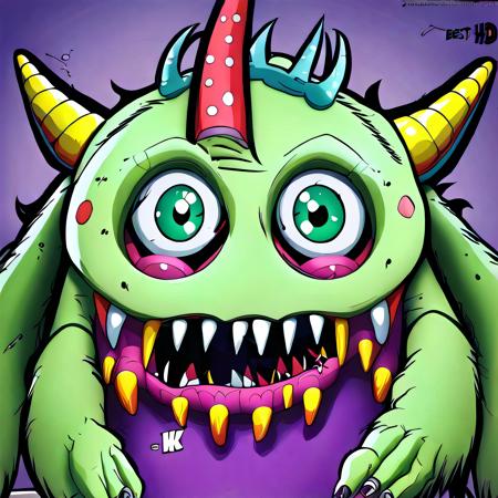 A cartoon monster, lots of fangs, derpy eyes, colorful, tentacles, horns, hd, best quality, 16k