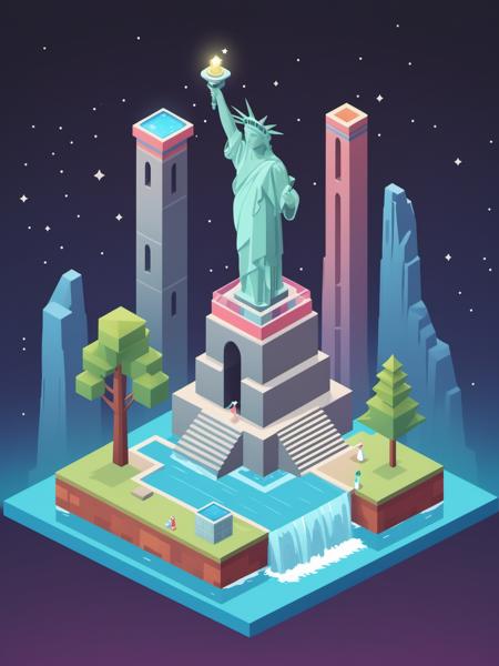 video game monument valley style, A shopping mall, Lady Liberty, water, waterfall, tree, building, gradient background, Night, starry sky, <lora:Monument Valley style:0.6>
