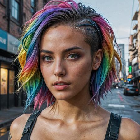 epic realistic, DV_Karah_Vicious, cyberpunk lanscape, ultra realistic, cinematic lighting, ultra detailed, detailed gorgeous face, beautiful girl, olive skin, medium length rainbow hair, simetric face, good anatomy, deusamelada, (Masterpiece:1. 3), (best quality:1. 3), <lora:add_detail:0. 4> <lora:epi_noiseoffset2:0. 4> <lora:hairdetailer:0. 6> <lora:more_details:0. 3> <lora:add-detail-xl:1. 2> <lora:DetailedEyes_V3:1. 2> <lora:sd_xl_offset_example-lora_1. 0:1. 2>, (natural skin texture, hyperrealism, soft light, muted colors), background, rutkowski, rim light