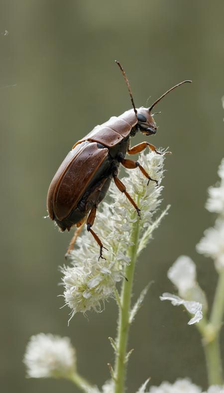 macro shot of a bug, specifically a beetle, resting on a thin, white stem. The beetle has a brown body with a white stripe running down its back, and its legs are spread out, suggesting it is either resting or preparing to move. The background is a soft, neutral color, providing a contrast that highlights the beetle. The image is taken from a slightly lower angle, giving the viewer a sense of looking up at the beetle.