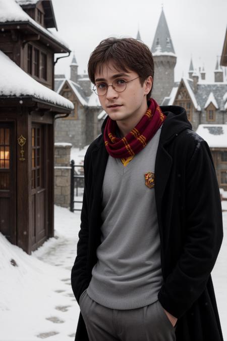 portrait of  HPDR, Hogwarts student, a boy, male, schoolboy, a 20 year-old man, glasses, a lightning scar on his forehead, it's sad to look at the first snow, Hogwarts man school outfit of Gryffindor, in a black robe, a red and yellow scarf, grey shirt, black pants, black shoes, at Hogsmeade, Gryffindor, outside, snowing, in winter, close up, head in the frame, detailed, hdr, epic background, line art, digital illustration, comic style, dynamic, highly detailed, artstation, concept art, smooth, sharp focus, illustration, Thomas Moran style, art by Carne Griffiths and Wadim Kashin, detailed background, 60-30-10 color rule, warm tones, godrays, unreal engine, greg rutkowski, loish, rhads, beeple, makoto shinkai and lois van baarle, ilya kuvshinov, rossdraws, tom bagshaw, alphonse mucha, global illumination, detailed and intricate environment <lora:more_details:0.25> <lyco:GoodHands-beta2:1.0>