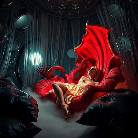 blonde damsel.  lifted glossy nightgown, her glasses askew, glossy high heels, she is laying inside giant rafflesia bloom , red tentacle from the bloom groping her,  her legs spreaded wide apart, knees bent,   penetration, orgasm, mind break,   surrounded by  giant rafflesia  glossy  crystal slime covered red colossus petales , reflecting the faint glow of the weird alien laboratory chamber. thin transparent slime curtains, pillow foil canopy,  fog from the floor. floor covered by giant leather pillows.   the walls appear to be alive, covered in a pulsing, iridescent slime, while colossus observation portholes gaze in like empty eyes, as if the very darkness of space itself is watching this horrific scene unfold. Inspired by the dark, industrial sci-fi of H.R. Giger, the eerie, atmospheric lighting of Zdzisław Beksiński, and the surreal, biomechanical nightmares of Francis Bacon.