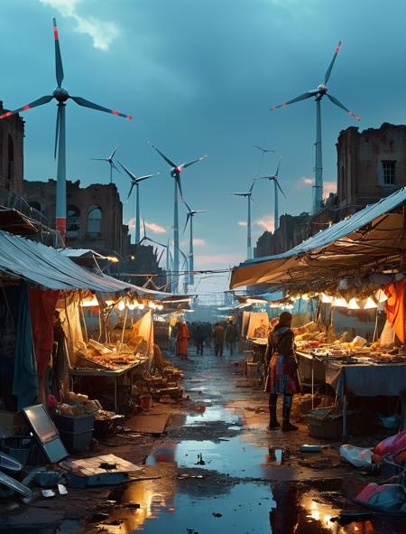 In a post-apocalyptic style, imagine a bustling street market thriving amidst the ruins, where vendors sell artifacts from a world long forgotten, each item a testament to human resilience. A partially collapsed building in the foreground offers a peek into the vibrant market scene beyond, adding depth and context. Shanties built from repurposed tech line the sidewalks, their makeshift architecture a collage of metal and light. People wearing patchwork clothing augmented with cybernetic limbs barter and trade, their faces illuminated by the soft glow of portable energy sources. Above, a sky filled with floating wind turbines and solar panels casts a gentle, sustainable light on the scene below. The camera captures the scene from a slightly tilted angle, enhancing the dynamic and chaotic energy of the market. This piece is vibrant, poignant, and intricately composed, with each element captured in stunning 32k resolution. The interplay of light and shadow, coupled with a rich color palette, evokes a sense of hope amidst decay.