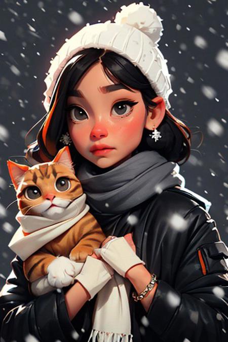 sam yang,
1girl, black eyes, black hair, covering mouth, earrings, jacket, jewelry, cradling a ginger cat, looking at viewer, multiple rings, portrait, ring, scarf, snowing, solo, white scarf
, ((masterpiece))
<lora:sam_yang_offset:1>