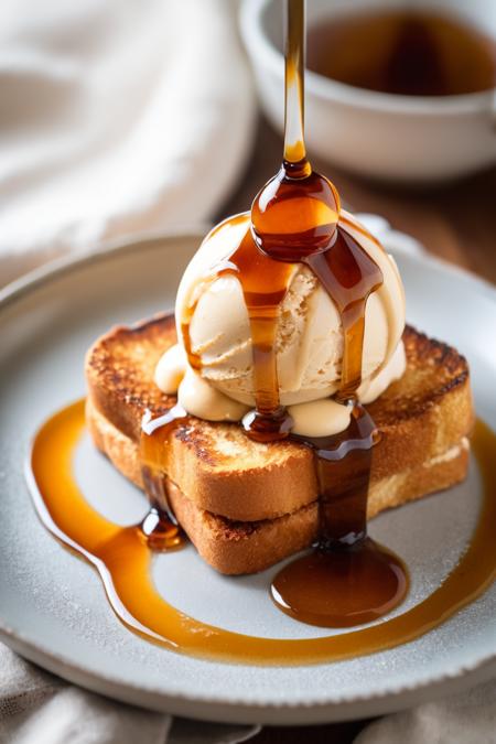 RAW photo, french toast ice cream, hot summer day, food photo, DSLR, cinnamon sugar and maple syrup drizzle garnish, soft lighting, high quality, film grain, Fujifilm XT