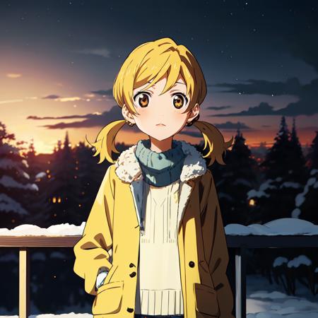 Masterpiece,1girl, NagiAiza, blonde, pigtails, long coat, shigatsu wa kimi no uso,  <lora:Aiza:0.8>, solo, snow