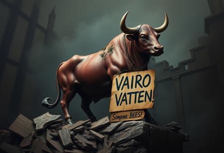 Create an oil painting in a dystopian art style featuring a dilapidated statue of a burgundy-colored bull. The bull, once a symbol of strength and power, now stands in a crumbling state, weathered and partially overgrown with vines. The environment is dark, atmospheric, and filled with a sense of decay and abandonment. A worn cardboard sign with the handwritten words ‘CAIRO VATTENE!’ is propped up against the base of the statue, suggesting an element of human protest or defiance. Use strategic layering to enhance the depth and texture of the ruined surroundings, with the detailed realism of a digital 3D rendering. The shadows and highlights should add to the dramatic, melancholic mood of the piece
