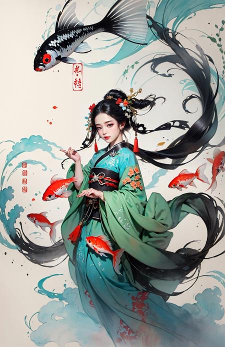 Low contrast(Ink style:1.2),  A shot with tensiondetailed backgroundDouble exposure,masterpiece, professional artwork, famous artwork, 1girl,
Tradition Chinese Ink Painting style of A cute girl in traditional Chinese costumes is and koi.     There are many auspicious clouds in the picture, and thick strokes with dry brushes,watercolor ink painting, full body,extreme long shot, surrounded by a lot of fish, dry brush thick strokes, Zhang Daqian's paintings, clear facial features watercolor ink painting <lora:~Q?-l4X| kio:0.7>