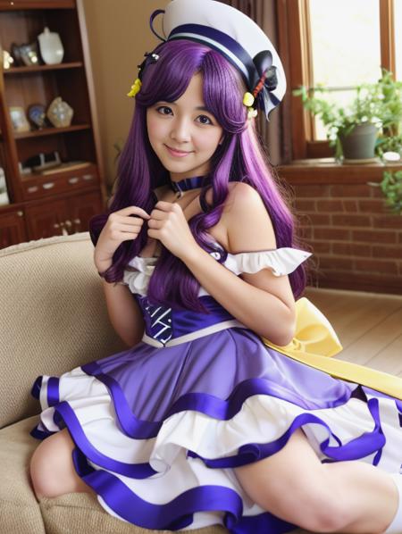 best quality, masterpiece, highres, highly detailed, 1girl, yellow eyes, purple hair, twintails, long hair, ribbons, hat, light purple dress, frills, layered dress, CureCoral, realistic, <lora:Detail - add_detail:0.1>, <lora:Detail - more_details:0.2>, cosplayer, indoors, living room, happy, 30 year old woman,  <lora:Character - CureCoralV1:0.7>