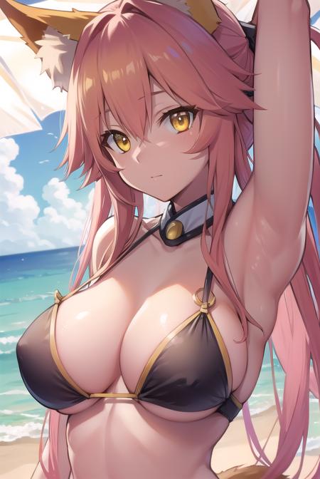 tamamo, <lora:tamamotestt:1>, tamamo, animal ear fluff, animal ears, fox ears, fox girl, fox tail, hair ribbon, pink hair, tail, (yellow eyes:1.5),
BREAK bikini,
BREAK outdoors, beach,
BREAK looking at viewer, 
BREAK <lora:GoodHands-vanilla:1>, (masterpiece:1.2), best quality, high resolution, unity 8k wallpaper, (illustration:0.8), (beautiful detailed eyes:1.6), extremely detailed face, perfect lighting, extremely detailed CG, (perfect hands, perfect anatomy),