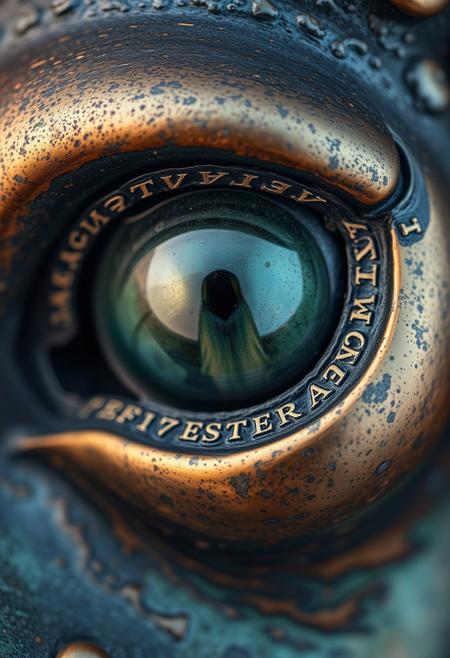 Extreme macro close-up, cool color palette of blues, greens, and purples, cast bronze surface with antique patina finish, detailed texture, Macabre dark fantasy style, vintage glamour, polished brushwork.