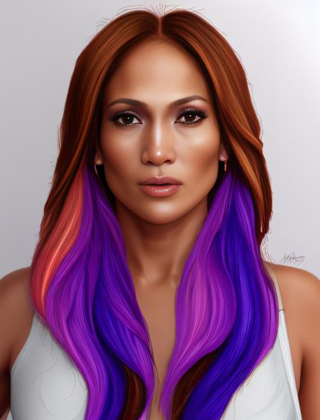 JenniferLopez, portrait,close up of a Ultrarealistic Female, Chestnut hair, [Majestic:Fiery:7] Side part hairstyle, Cutepunk, dripping with electric purple, MOBA style, in the style of Star Wars, Highres, trending on artstation,  <lora:JenniferLopezSD1.5:1>