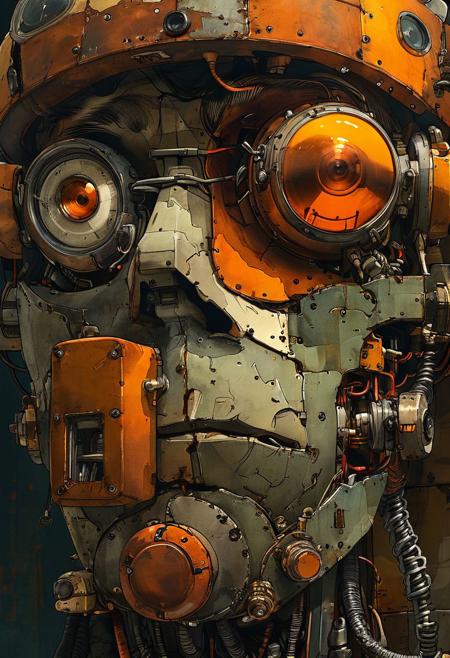 (illustration) mechanical, animatronic, rust, junk, cluttered <lora:tbh147-sdxl:0.8>. dark and moody, a mesmerizing blend of light and shadow. masterpiece, absurdres, intricate details