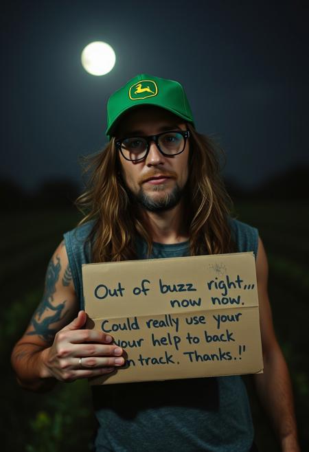 a vagabond farmer, intoxicated, drunk. glasses john lennon style, long hairs, tattoo. green "john deere" trucker cap. holding a cardboard with written "Out of buzz right now—could really use your help to get back on track. Thanks!" dark halley light only from the full moon in bk