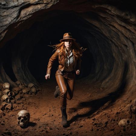 Woman running towards the camera, inside a dark cave. A giant rocky sphere is behind her.
She's wearing a brown fedora, brown leather jacket, baggy pants.  There are lots of skulls and bones on the ground.
She has a worried look on her face.  She has long flowing orange hair.
A leather whip is coiled up on her hip.