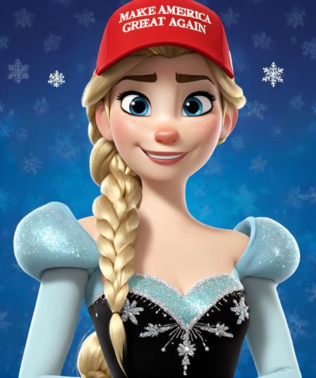 woman wearing red maga hat, upper body, fairy tale at background, elsa from frozen, 3D, pixar , professional, photo, high quality, highres, ([:hat with text "make america great again":0.25]:1.1),
 <lora:maga_hat_1-000140:1.0>