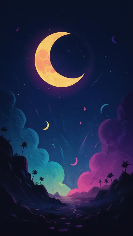 illustration, moon, shapes, colors, <lora:mob100:0.5>, dark, <lora:retro-neon-style:0.3>, <lora:zavy-rmlght-sdxl:0.8>