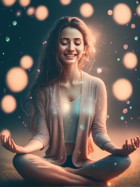 <lora:BrandonWoelfel:1>a woman in lotus pose floating above the ground, smiling slightly, blissful, bokeh