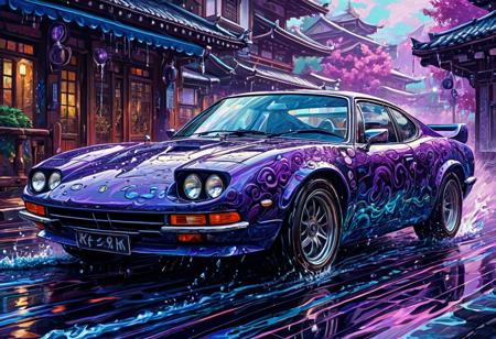 Finely detailed vector illustration, classical sports car, kraken, japan, symbiosis, ultra realistic quality, circle symbol, blue and violet background, hyperdetailed, intricately detailed,  triadic colors,fantastical,intricate detail,splash screen,complementary colors, fantasy concept art, 8k resolution, masterpiece, oil painting, thick strokes, rich strokes, running drops,