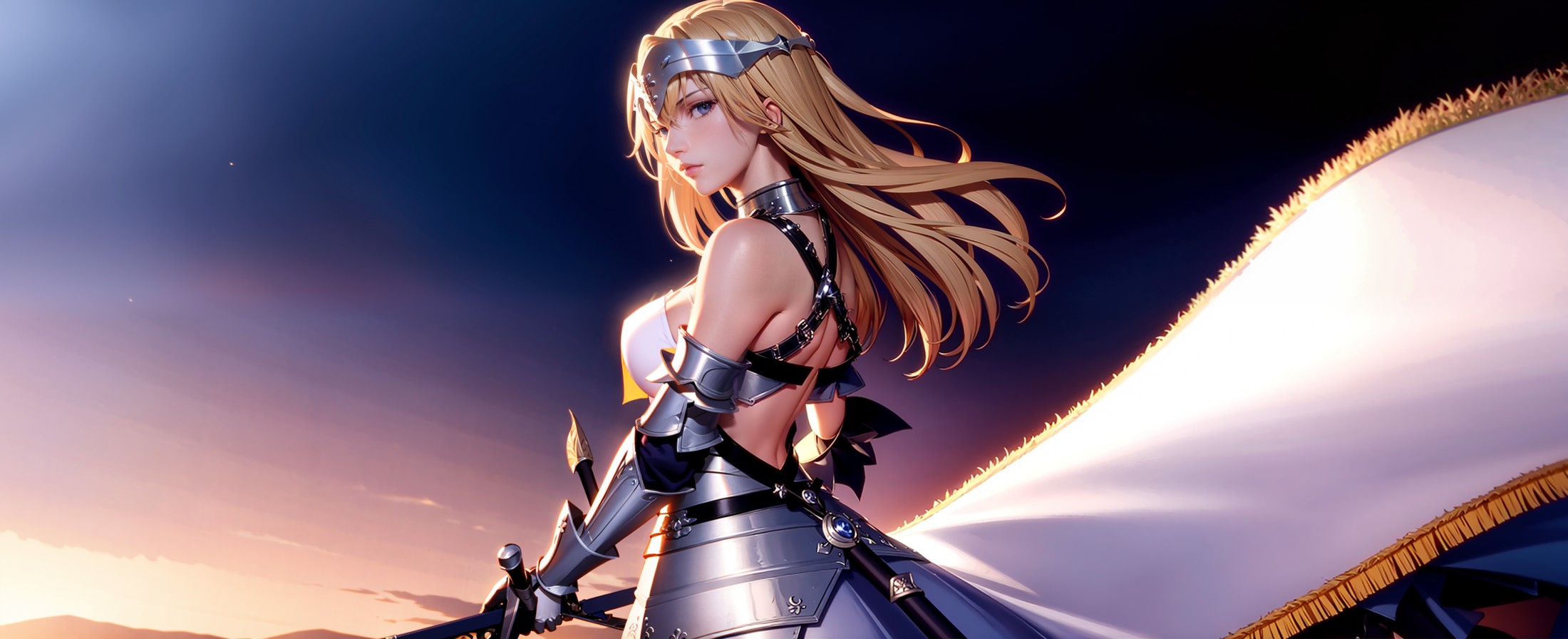 masterpiece, best quality,1girl,,solo, long hair, blonde hair, jeanne d'arc (fate), armor, blue eyes, weapon,back,(bare ba...
