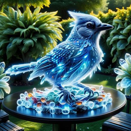 Bird blue jay made of crystal on a table,garden background,sunny day,highly detailed,masterpiece,high quality,pamcrystal