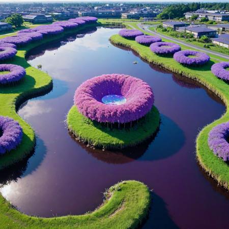 (stylized by Shigenori Soejima:1.0) and (Takashi Murakami:0.7) and (KÅji Morimoto:0.9) , anime key visual, intricate details, Landscape of a ("The Shape of Improvement":1.3) , it is very Jealous and Morbid, dense pond and water, Clear skies, soft focus, Cel shaded, Cozy, Futurepunk, Nostalgic lighting, 800mm lens, Albumen, fluorescent purple flakes, delicate, Flickr, dslr