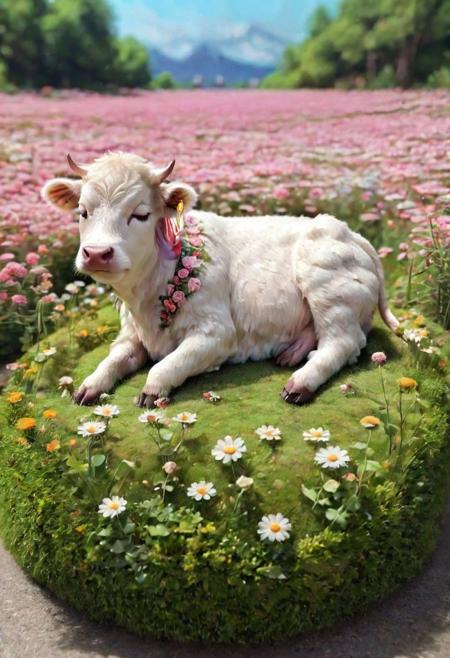 (Cute Figure  fluffy cow sleeping peacefully in a flower field), art by atey ghailan, painterly anime style at pixiv, art by kantoku, in art style of redjuice/necmi/rella/tiv pixiv collab, your name anime art style, masterpiece digital painting, exquisite lighting and composition, inspired by wlop art style, 8k, sharp, very detailed, high resolution, illustration