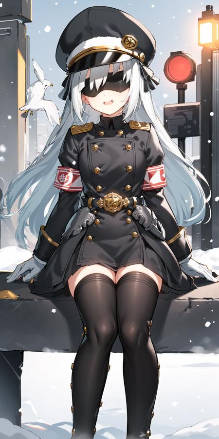 masterpiece,((best quality)),extremely detailed,Illustration,(( station, winter, sunshine,traffic light, bird, steam, snowing)),
adikia_\(swfz\), adikia_\(yuanpi\),
1girl,solo, sitting, white_hair, long_hair, eyepatch,black_blindfold,
black_dress, military, armband, botton, black_footwear, thigh_boots, botton,
peaked_cap,black_headwear, white_gloves,