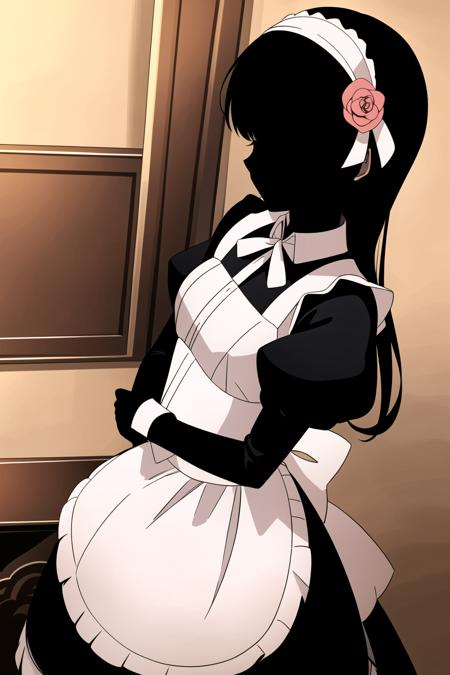 1girl, masterpice, high quality, high detailed, (solo), hair ribbon, (((black skin))), hair flower, black hair, long hair, , kate, <lora:kate-08:0.7>, ((black face)), ((no eyes)), (room), (maid), (medium breasts), looking at viewer,