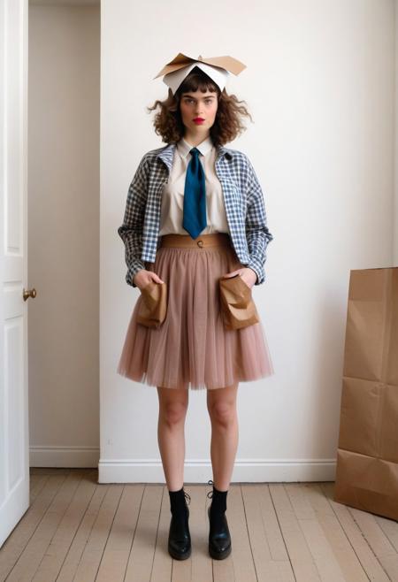 The image is a photograph of a young woman standing in a minimalist, well-lit room with a white wall and wooden floor. She has short, dark brown hair styled in a bob with bangs. She is wearing a black and white checkered button-up shirt, which is open to reveal a beige and white striped tie loosely knotted around her neck. The shirt is worn over a sheer, light pink tulle skirt that reaches her knees, with a ruffled hemline.
The image is a photograph of a person standing in a minimalist, white-walled room with a polished concrete floor. The individual is dressed in a whimsical, colorful costume made from various materials, including white foam balls, plastic sheets, and ribbons. The person is wearing a brown paper bag over their head, obscuring their face, and a dark grey sweater, grey pants, and black shoes.
The image is a photograph of a young woman standing indoors, dressed in a vintage-inspired outfit. She has dark, curly hair styled in a classic 1940s wave, adorned with a decorative hair accessory on the left side. She wears a plaid jacket with a faux fur collar in shades of blue, brown, and white, over a white blouse. The jacket is buttoned up, and she has her hands in the pockets.