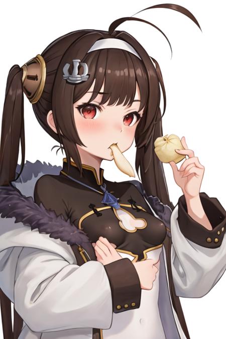 best quality, masterpiece, highres, solo, {ping_hai_azurlane:1.15}, brown_hair, long_hair, bangs, twintails, ahoge, red_eyes, breasts, hair_ornament, blush, hairband, small_breasts, white_hairband, anchor_hair_ornament, very_long_hair, 1girl, baozi, closed_mouth, eating, food, fur_trim, holding, holding_food, jacket, long_sleeves, looking_at_viewer, simple_background, :t, fur-trimmed_jacket, upper_body, white_jacket, coat, white_background