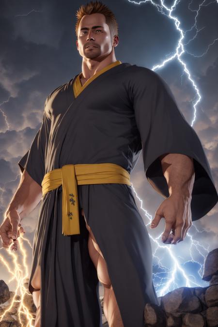 male, solo, bara, safe, black sclera, yellow eyes, front view, dungeon , kimono, fundoshi, lightning, magic, fantasy, outdoors,  <lyco:peron-25:1.0>