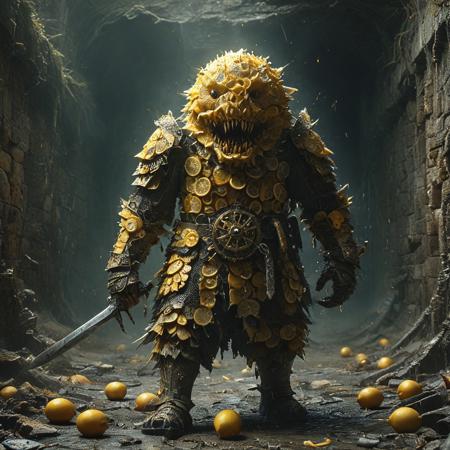 core_9_up, score_8_up, score_7_up, score_6_up, incredibly absurdres, BREAK physically-realistic, anatomically-correct, detailed, intricate, professional, logical, make sense, perfection, perfect, photography, 1boy, scrap samurai, junk sword, scrap armor made out of gears, rear view, standing in front of sewer monster made out of lemons, in a dark tunnel, lemon monster obscured by shadows, eyes glow yellow, bosstyle, wl_lemons