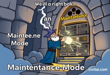 "A cartoon of a wizard casting spells to fix malfunctioning servers in a magical tower, with the text 'Maintenance Mode', watermark at the bottom with the text 'civitai.com', tag line at the top with the text 'We'll be right back...'"