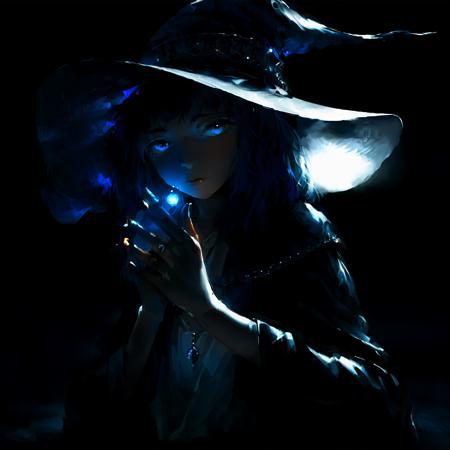 masterpiece,best quality,1girl, solo,upper body, hat, closed mouth,medium hair, blue eyes, looking at viewer,   blue hair,black hair, white dress, long sleeves,  lips, glowing,  monochrome, jewelry, dark, sitting,black background,