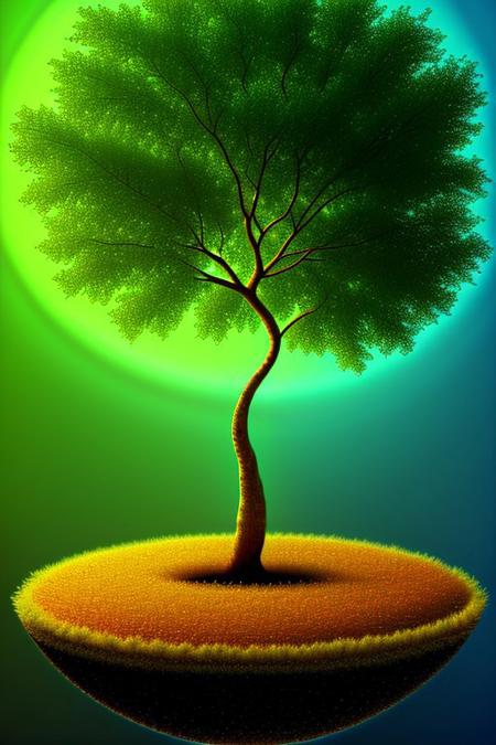 highly detailed, high quality, circle shaped tree, tree floating, glowing tree, roots,  transparent water background,