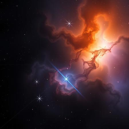 photorealistic dark translucent cosmic nebula in hues of black, orange, blue, and purple, and with 6 diffraction lines on stars