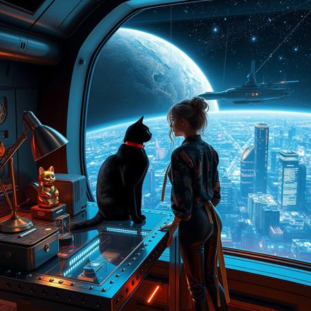A sleek black cat with red collar sits on a cluttered metal riveted desk with transparent top and micro-LED lighted computer components visible inside, On the desk is a gold and lacquer maneki neko statue and an art deco desk lamp, the Black Cat is looking out of a seamless and futuristic floor to ceiling window that looks out at a planet from low orbit, the planet is covered with the lights of enormous buildings and cities, (((a beautiful woman, 24 years old, is standing next to the desk the cat is sitting on and looking longingly out the window, the woman is dressed in an ornate Japanese style shirt and tight leather pants with an ornate design. An enormous deco starship with futuristic lighting and an enormous space station are visible in the background among the stars, The woman's hair is messy from just waking up and tied up with a ribbon.  Artistic art deco, dynamic perspective, (((overall architectural aesthetic is Art Deco Cyberpunk))).  Epic image that elicits a feeling of wonder and awe,