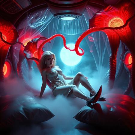 ball-gagged blonde damsel.  lifted glossy nightgown, her glasses askew, glossy high heels, she is laying inside giant rafflesia bloom , red tentacle from the bloom streaming transparent slime to her body,  her legs spreaded wide apart, knees bent,   penetration, orgasm, mind break,   surrounded by  giant rafflesia  glossy  crystal slime covered red colossus petales , reflecting the faint glow of the weird alien laboratory chamber. thin transparent slime curtains, pillow foil canopy,  fog from the floor. floor covered by giant leather pillows.   the walls appear to be alive, covered in a pulsing, iridescent slime, while colossus observation portholes gaze in like empty eyes, as if the very darkness of space itself is watching this horrific scene unfold. Inspired by the dark, industrial sci-fi of H.R. Giger, the eerie, atmospheric lighting of Zdzisław Beksiński, and the surreal, biomechanical nightmares of Francis Bacon.