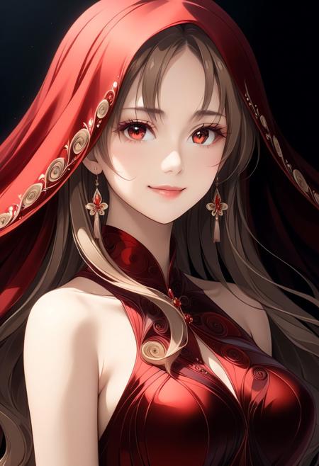 Super model, beautiful, light smile, UHD, 8K, masterpiece, detailed, ultra_high_resolution, lots of detail, long hair, red veil YurYuna, red eyes, light brown hair, long hair, modest, sfw, red blood dress, iridescent sheen, luxurious, artistic, natural elements, opulence, high resolution, digital art, visual aesthetics, contemporary design, vibrant colors, reflective surfaces, artistic composition, high contrast, elegant, intricate detailing, 8k RAW photo, quilling, artistic blur, unusual colors, fractal art, radiant vibe, Blood for the Blood God
