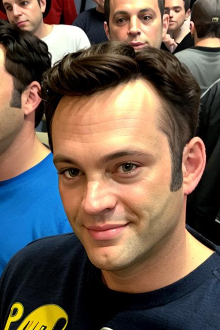 close up of a handsome man <lora:vinceVaughn:1> in an barbie tee shirt, at a comicscon convention, people in the background, RAW, 8K, UHD, smiling, candid, amateur