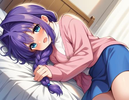 akiko minase, braid, braided ponytail, hair intakes, hair over shoulder, long hair, single braid, purple hair, blue eyes, cardigan, long sleeves, pink cardigan, long sleeves, turtleneck, shirt, white shirt, skirt, blue skirt,