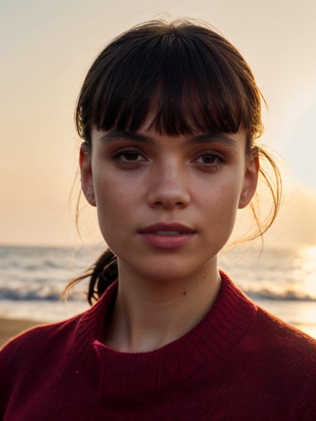 marti1 long hair with bangs ponytail with bangs black choker, grey and red jacket, white shirt