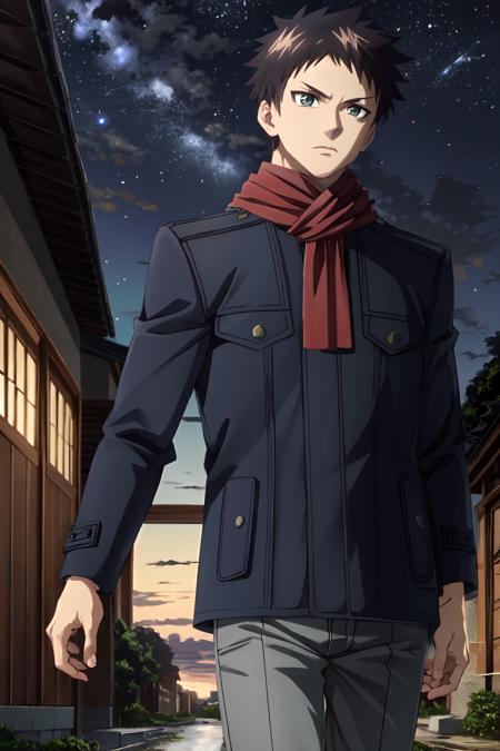 kunato hyouma\(mononogatari\), solo, looking at viewer, green eyes, brown hair, 1boy, male focus, black coat, gray pants, red scarf, sky, night, star (sky), night sky