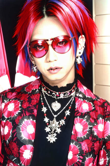 Vkei_Realism, (masterpiece), Hideto_Matsumoto, solo, 1boy, jewelry, earrings, necklace, red hair, short hair, pink rimmed sunglasses, pink hair, portrait, multicolored hair, brown eyes, upper body, (detailed face), (detailed fabric), rim lighting, cinematic lighting, portrait,<lora:Vkei_Realism:0.75>